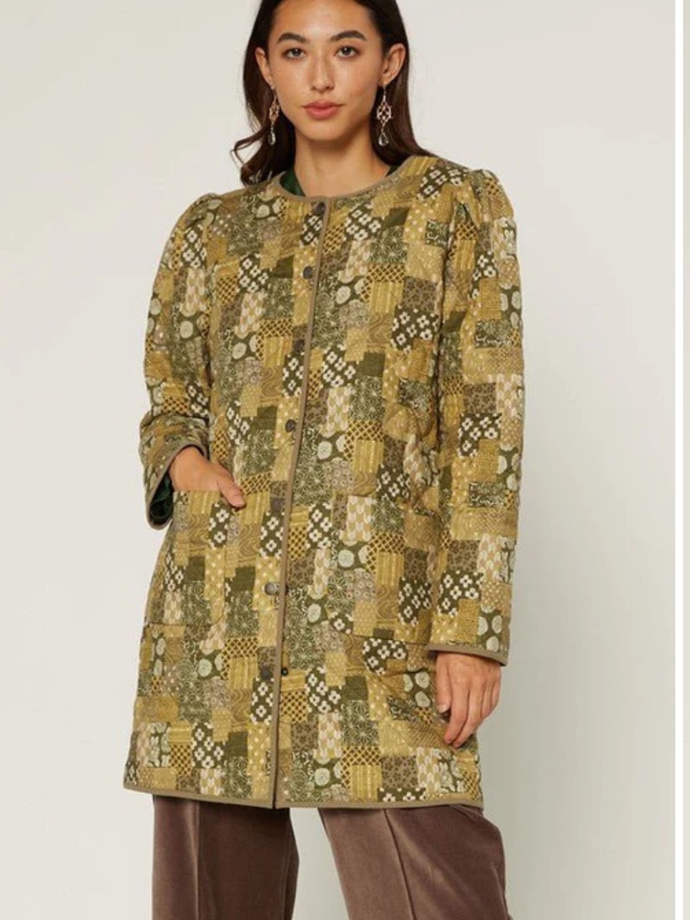 Current Air Quilted Patchwork Long Jacket Olive Tan Size Small Ditsy Floral Boho